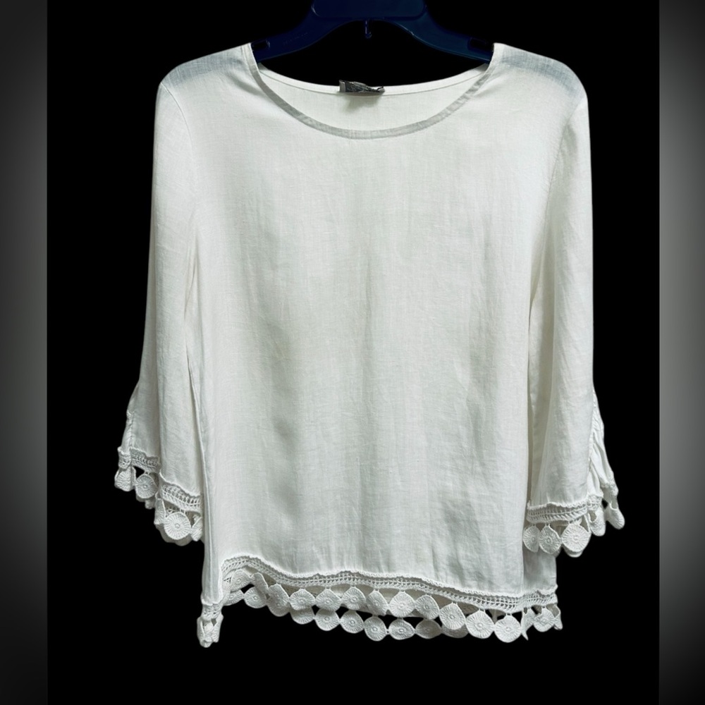 Bellambra Linen 3/4 Sleeve Crochet Lace Trim Top Lagenlook Boho Beachy Size S